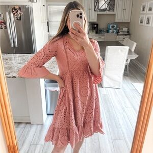 Hidden Alley Pink Eyelet Babydoll Dress Bell Sleeve Small